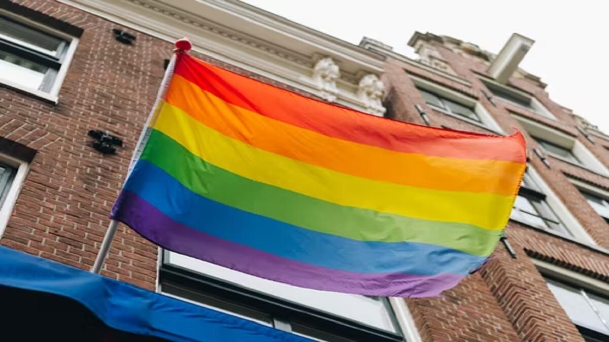An LGBTQ+ flag outside a school building.