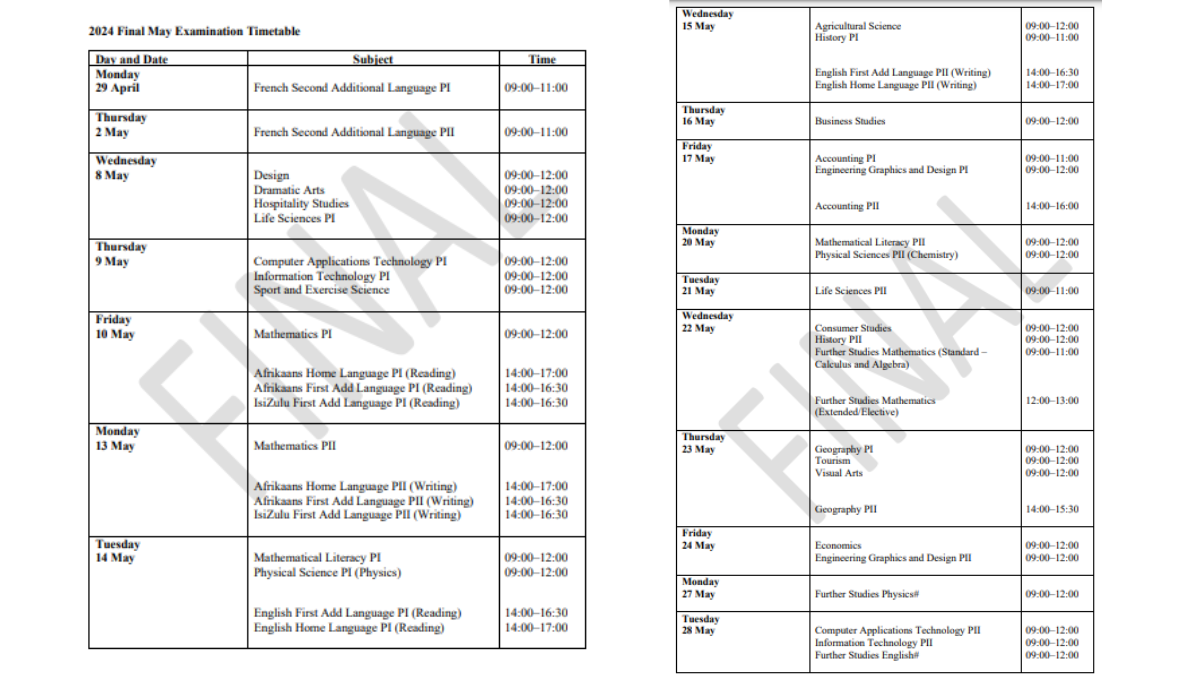 IEB May Matric Exam Timetable